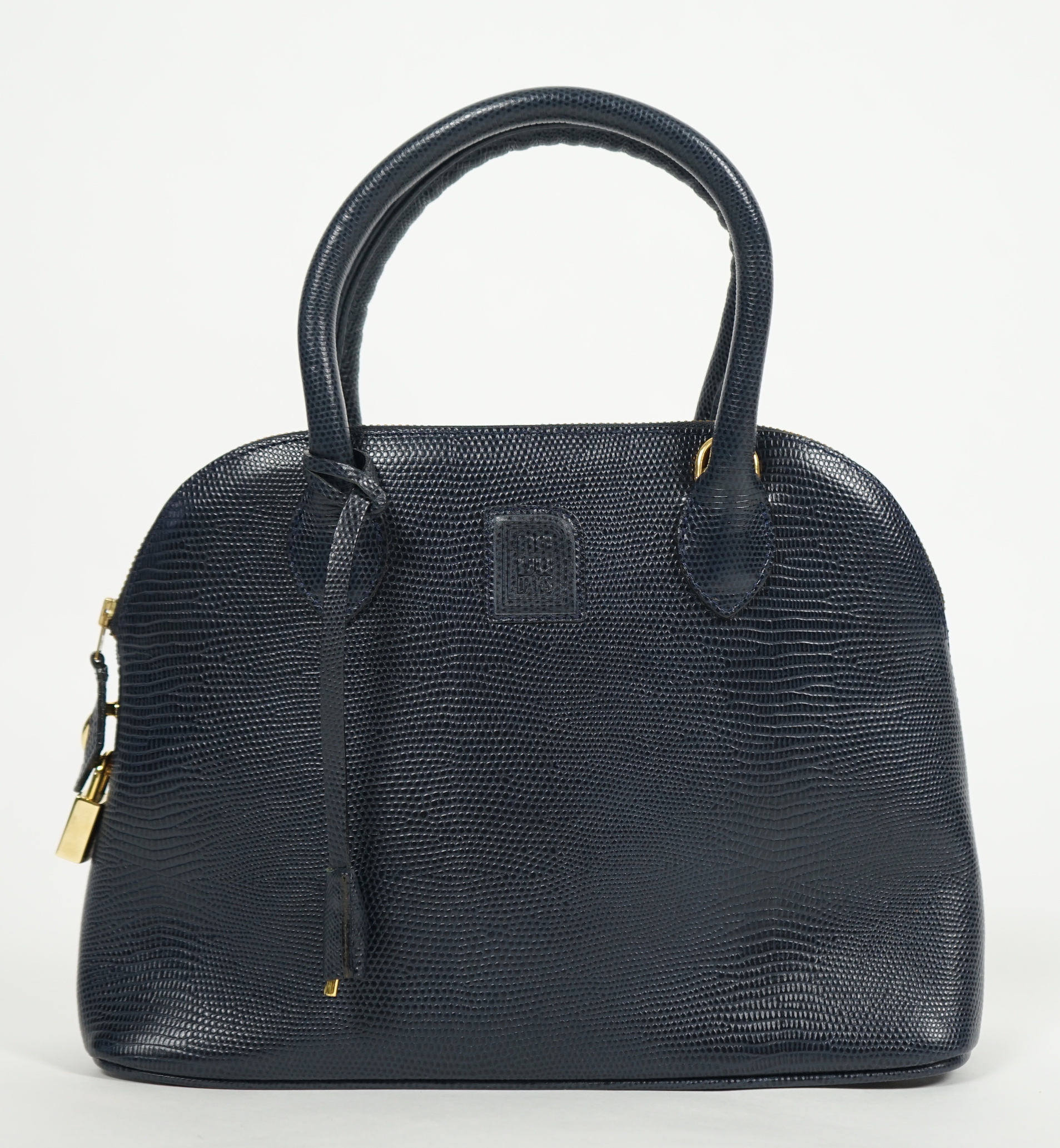 A Daks London blue faux lizard effect leather handbag with detachable shoulder strap, width 30cm, height 21cm, height to handles 30cm